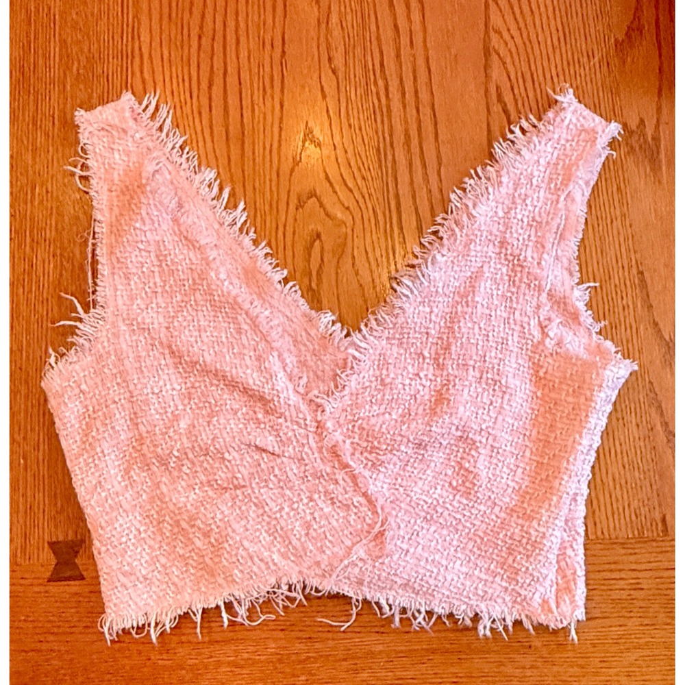 Zara Tweed Crop‎ Top Medium Pink V-Neck Raw Hem Frayed Sleeveless Coquette
